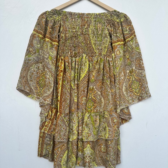 Boho Paisley Smocked Tunic Top: Silk Blend Peasant Blouse. Off-Shoulder Peasant - Picture 1 of 8